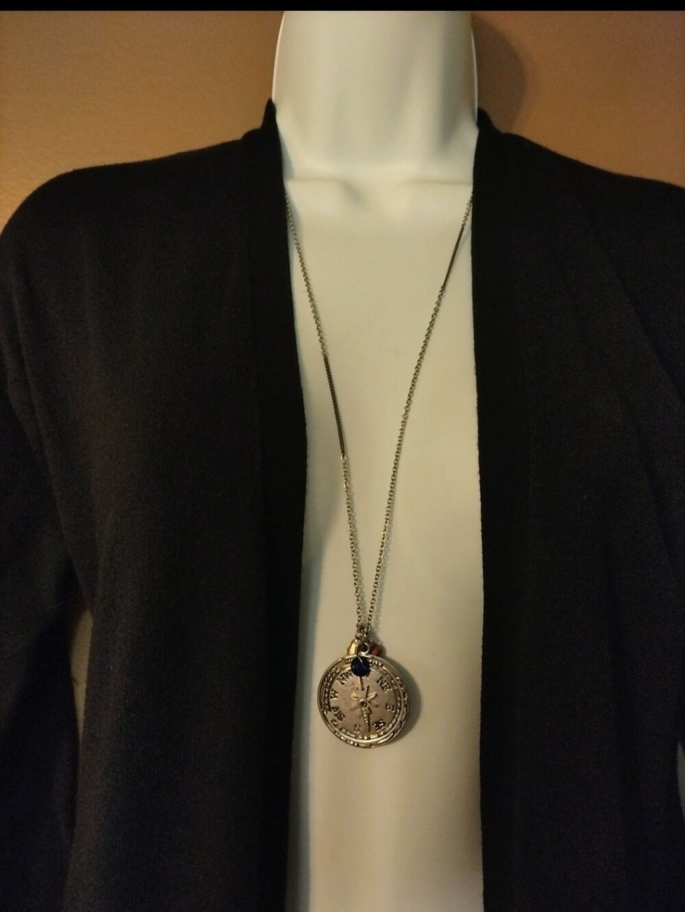 American Eagle Compass Pendant Charm Longline Silvertone Necklace
